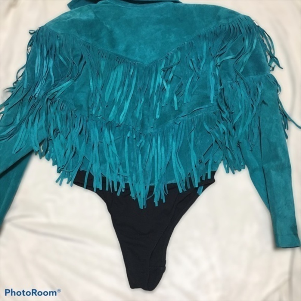 Karen Okada For David Howard Vintage Turquoise teal  Leather Fringes Jacket 12 - Picture 10 of 11